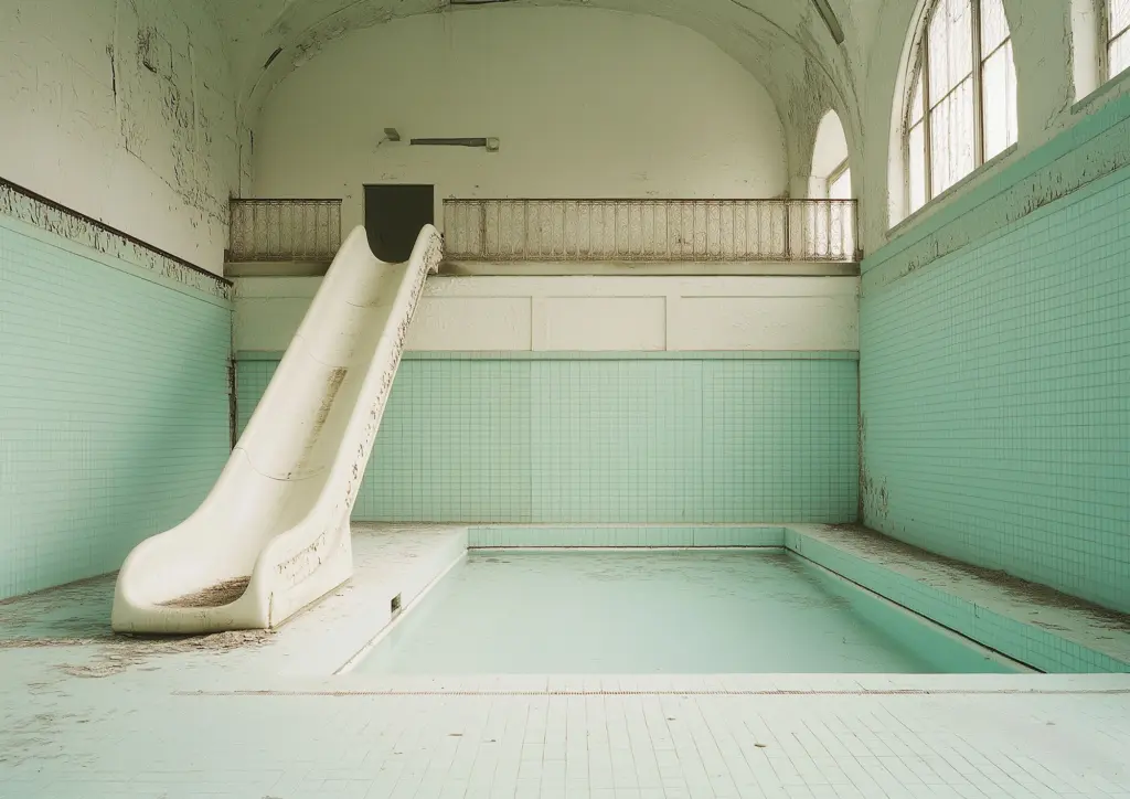 Imaginary abandoned training pool and water slide
